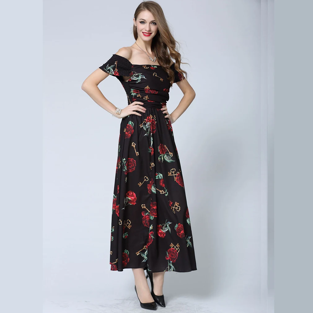 Европейское платье с розами и цветочным узором элегантное открытыми плечами