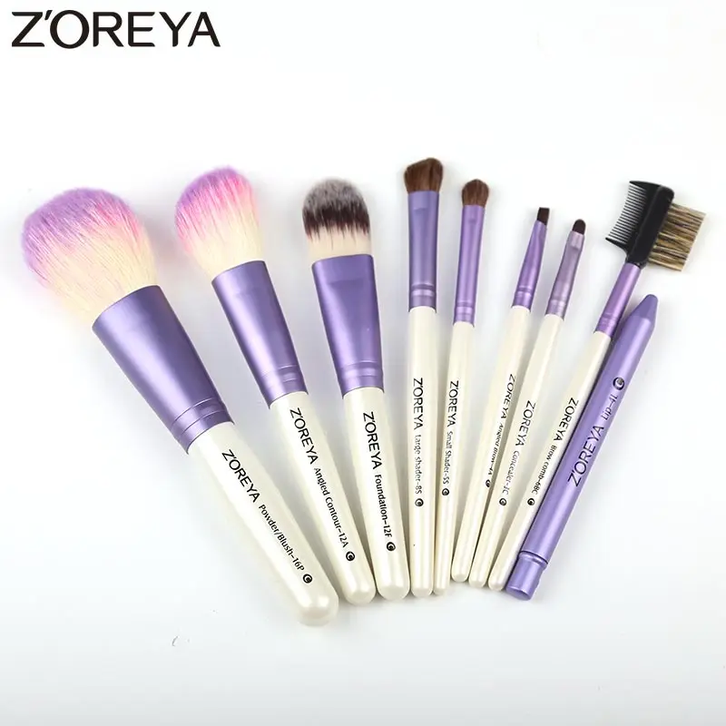 Бренд Zoreya, 9 шт., фиолетовый цвет, кисти для макияжа, натуральная козья шерсть, набор кистей для женщин, косметический инструмент, наборы кистей для пудры