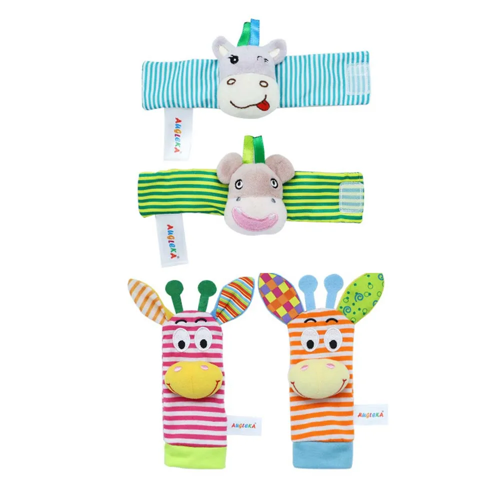 4PCS2 Cartoon Baby Toys 0-24 Months Soft Animal Baby Rattles Children Infant Newborn Plush Sock Baby Toy Wrist Rattle Foot Socks - Цвет: 4PCS2
