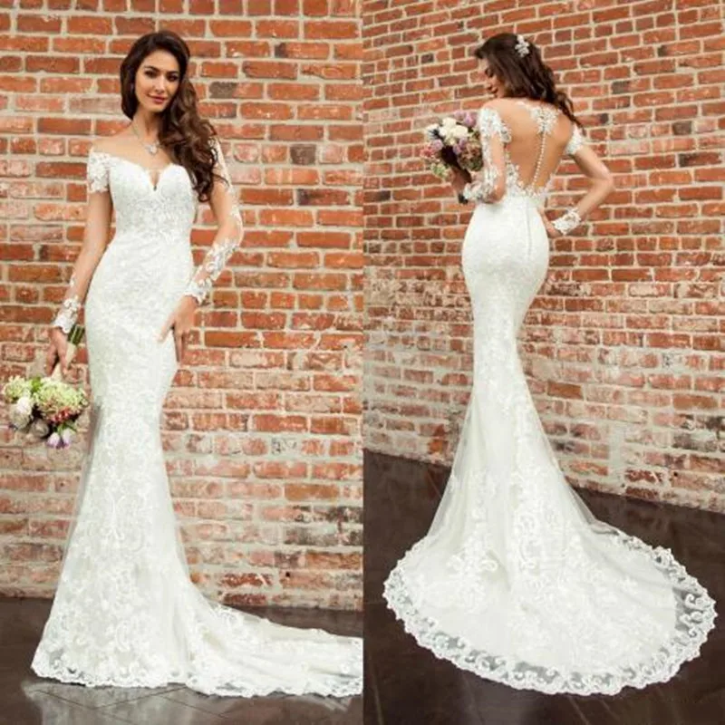 

Женское свадебное платье с юбкой-годе, кружевное платье с длинным рукавом и аппликацией, пляжное платье невесты, 2019