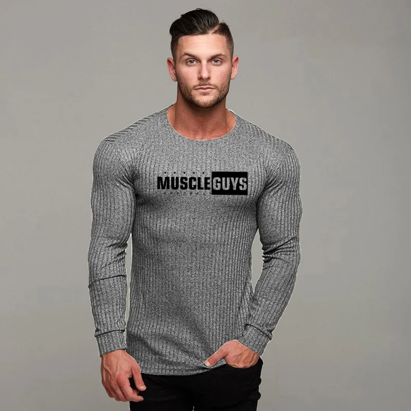 Бренд Muscleguys, осенний свитер для мужчин, Модный повседневный мужской свитер с круглым вырезом, облегающий вязаный мужской свитер, пуловеры