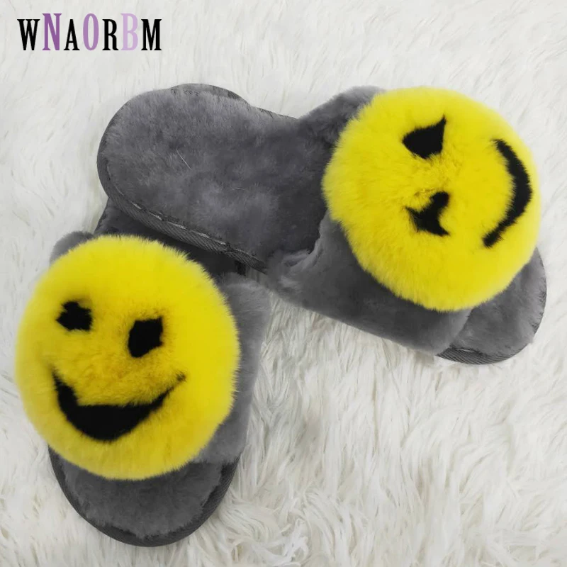 

Women's home 100% sheep fur one slippers with rabbit smile face decoration love indoor home slippers non-slip outdoor shoes