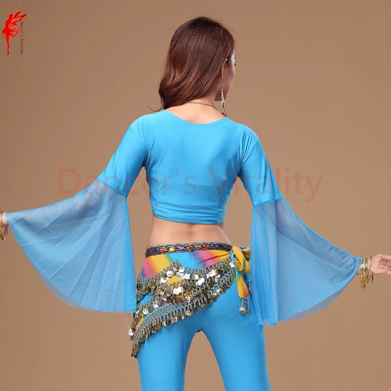 12 colors Wholesale women belly dance clothes sexy spandex top mesh horn sleeves | Тематическая одежда и униформа