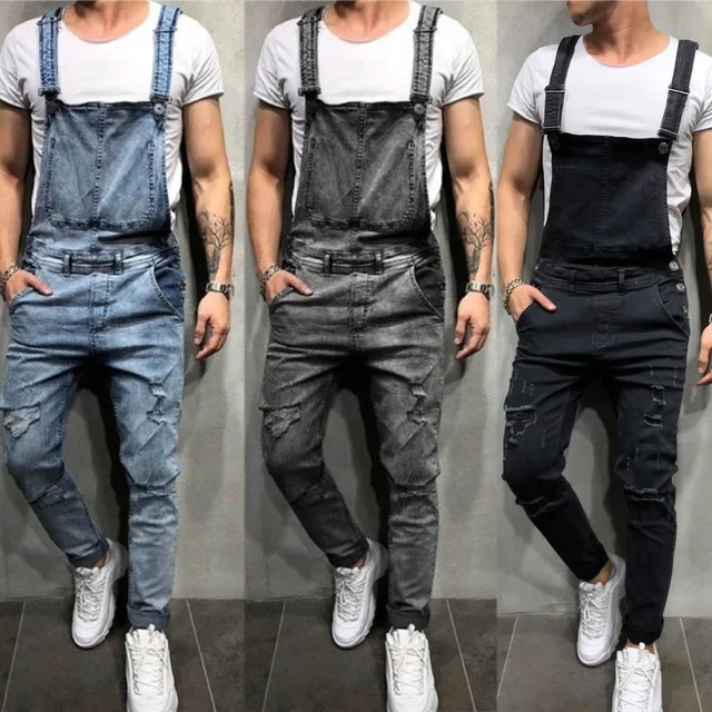 

Ripped Jeans Jumpsuit Men Summer Denim Destroyed Man Rompers Broken Male Fashion Overalls Outfits Clothes Blue Black Jumpsuits