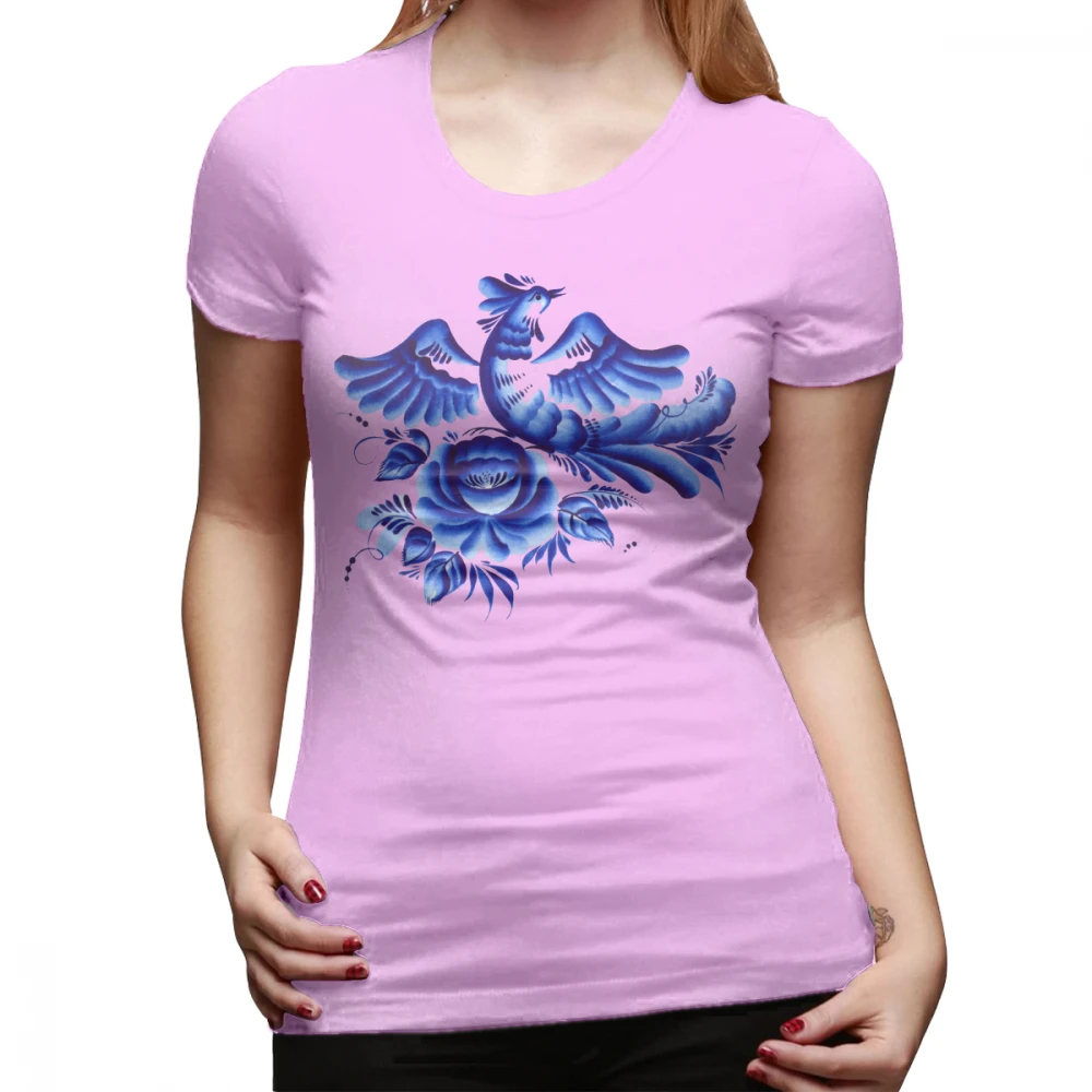Gzhel футболка синяя птица Футболка с круглым вырезом уличный стиль Женская футболка хлопок смешной красный Графический короткий рукав большая женская футболка - Цвет: Розовый
