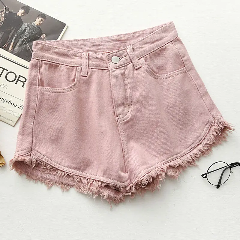 pink Винтажные джинсовые шорты с бахромой, женские повседневные джинсовые шорты с карманами, яркие цвета, лето, высокая талия, тонкие шорты - Цвет: pink