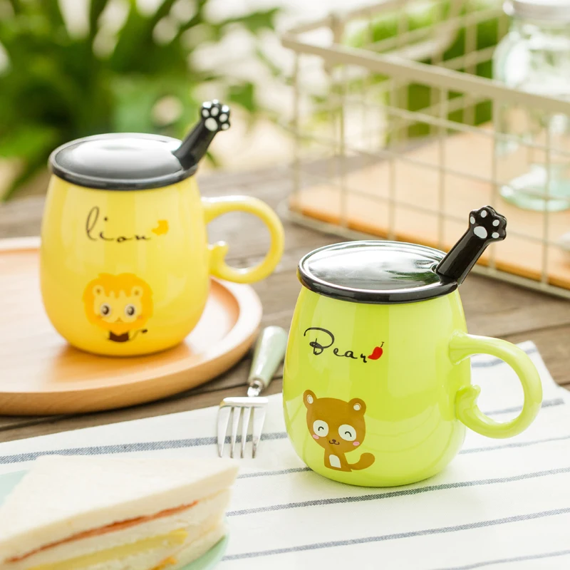 Милая керамическая кружка с рисунком животных крышкой и ложкой креативная Морин