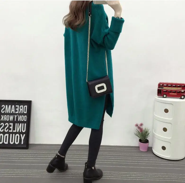 

Winter sweater for women fashion V-neck sweater dress long section of loose knit sweater female sweater solid color dress