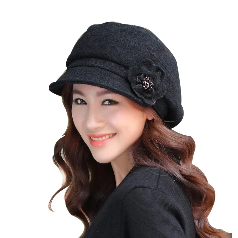 Осень зима берет цветок леди украшения Hat теплые простые Шерсть Твердые взрослых