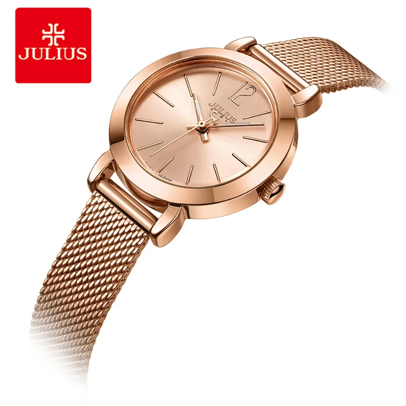

Часы JULIUS женские кварцевые, брендовые наручные, серебристые, розовые, золотистые, с сетчатым браслетом из нержавеющей стали