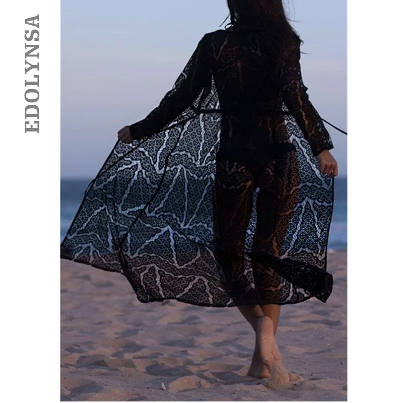 Летнее пляжное платье кимоно кружевное плюс размер туника халат купальный