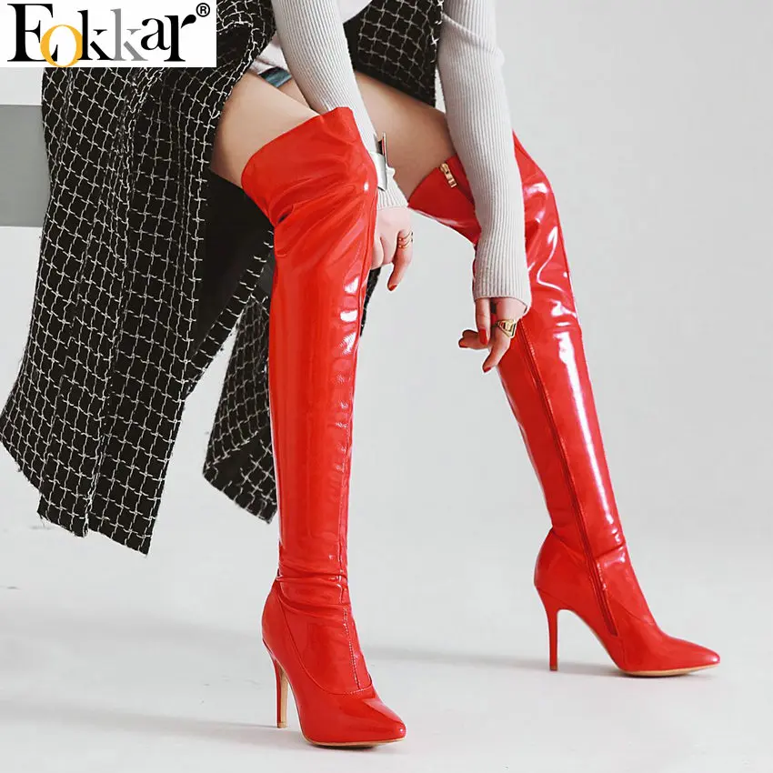 

Eokkar 2020 Women Over The Knee High Boots Patent Leather Pointed Toe Super Thin High Heel Zipper Warm Ladies Boots Size 34-43