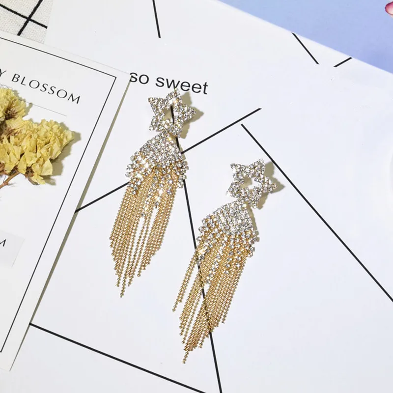 Женские коктейльные серьги Ajojewel длинные кисточки 10 см стразы со звездами