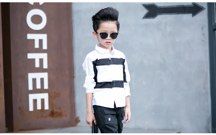 VearDoller Casual Children's Tops Summer Autumn Long Sleeve Cotton Kids Shirts Black White Patchwork Boys Shirts 2-8Years