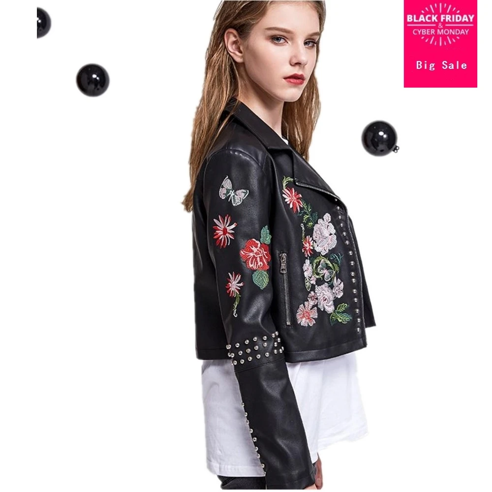 Женская кожаная куртка с бисером и вышивкой модель wj1021 на весну осень 2019|jackets