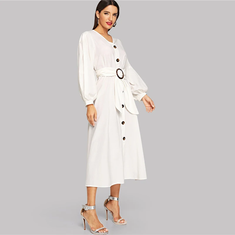 SHEIN Платье На Пуговицах С Поясом Элегантное Платье С V-Образным Вырезом Для Женщин