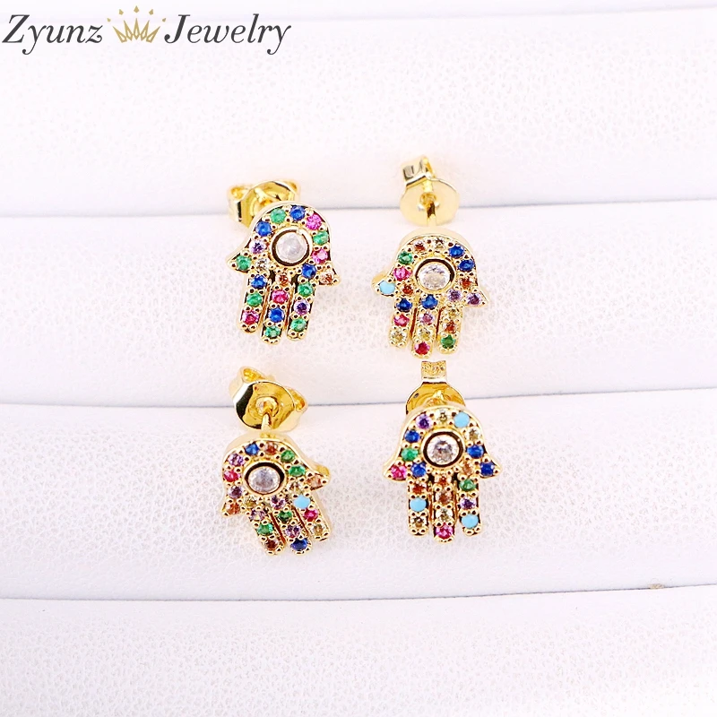 10 пар 9*11 мм серьги гвоздики Lucky Eye Hamsa для женщин с радужным кубическим