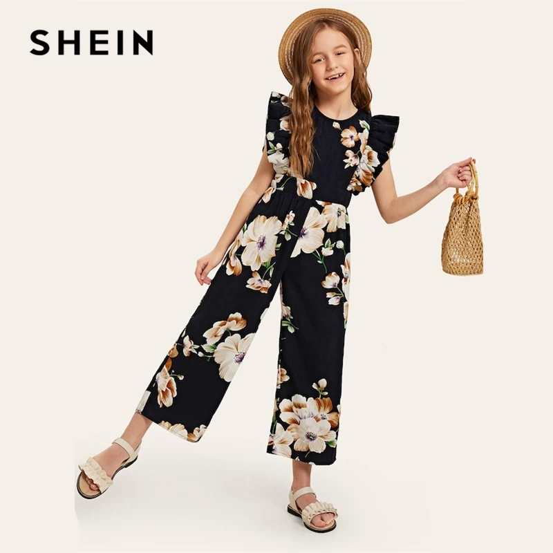 SHEIN/Детский комбинезон с широкими штанинами и цветочным принтом для девочек; коллекция года; летний комбинезон с рукавами-крылышками и рюшами в стиле бохо; пляжные Длинные Комбинезоны для подростков
