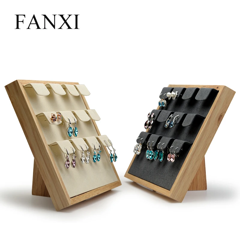 

FANXI Solid Wood Beige&Dark gray Earring display stand with microfiber Insert for exhibition Ear stud Display Props organizer