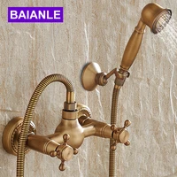 wall mounted antique brass shower set faucetbath tub mixer tapdouble handles hand held shower head kit shower faucet sets
