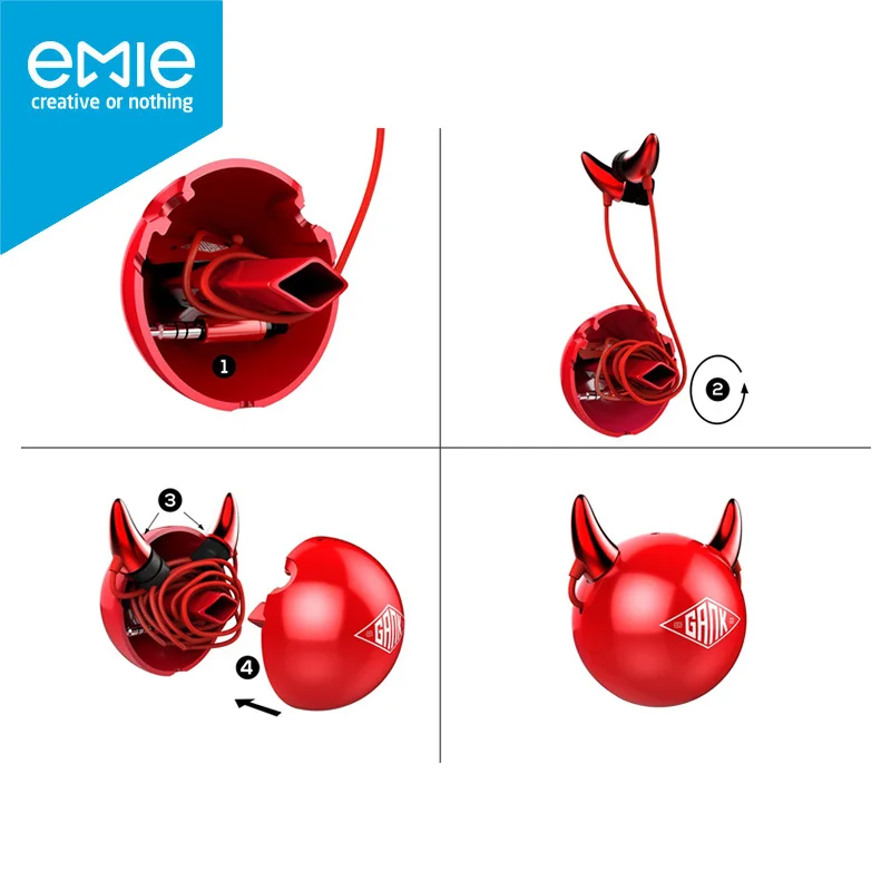 EMIE наушники Devil Рога в ухо с микрофоном Управление глубокий мощный бас звук для