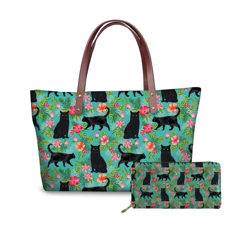 

NOISYDESIGNS Black Cat Wine Printed Luxury Handbags Women Bags Designer Large Capacity Tote Girls Long Wallet Shoulder Casual