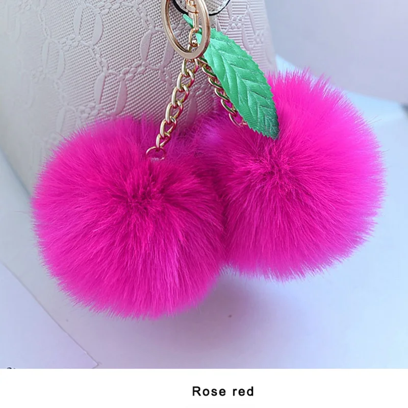 Rose red Корейская мода двойной пушистый шарик-помпон брелок конфетного цвета брелок-вишня для сумки автомобиля женщин искусственный мех кролика брелок - Цвет: Rose red