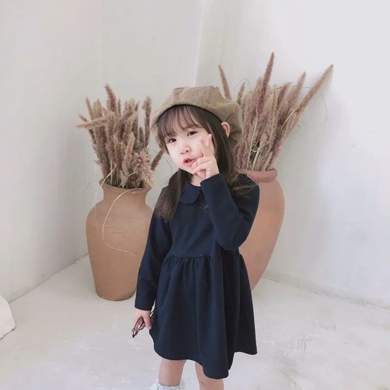 

DFXD Korean Style Girls Dresses 2018 Fashion Autumn Navy Blue Long Sleeve Peter Pan Collar Little Girls Party Dress For 2-8Years