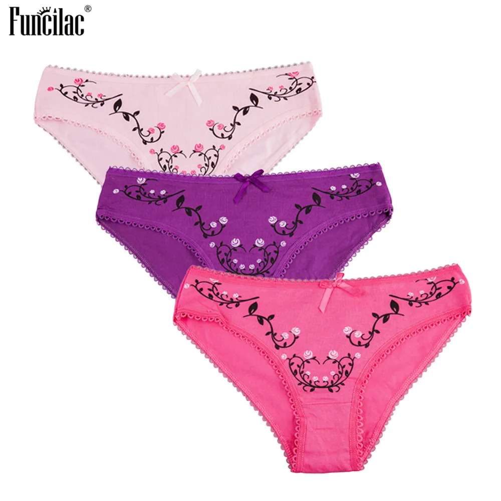 FUNCILAC Sexy Underwear Women Cotton Cute Panties Briefs Bow Print Bikini Lady Intimate Girl Underpants 3Pcs/Lot M-XLComfortable |