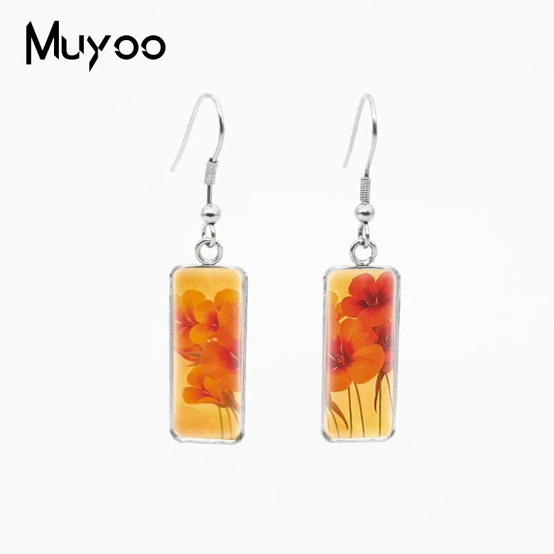 Vintage Red Flowers Paintings Rectangle Fish Hook Earrings Charming Flower Jewelry Stainless Steel Pedants Womens | Украшения и