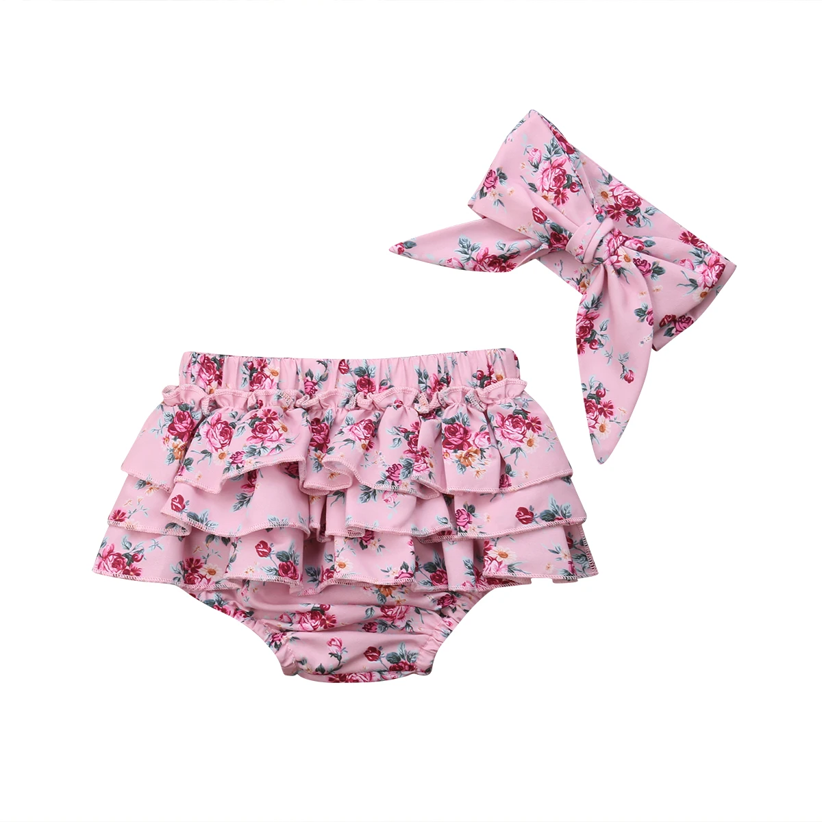 Pink Floral Фирменная новинка комплект из 2 предметов для малышей, шорты для маленьких девочек Хлопковые Штаны с оборками с цветочным рисунком повседневные шорты-штаны с карманами для подгузников на подгузник штаны-шаровары, на возраст от 3 до 24 месяцев - Цвет: Pink Floral