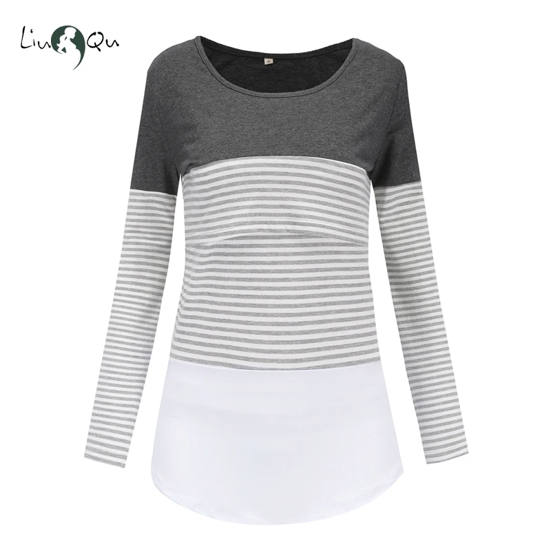 Женская блузка для кормления грудью в полоску с длинным рукавом и круглым