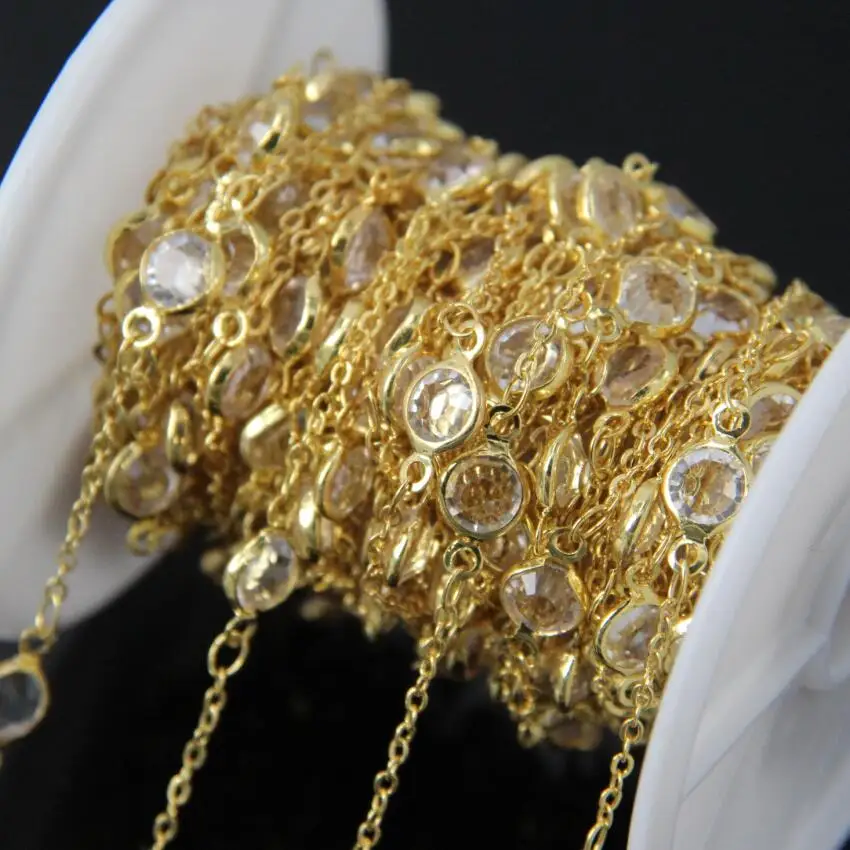 

6mm Size,Clear Crystal Glass Faceted Coin Beaded Chain,Round cut slice Glass link Gold Plating Wire Wrapped Rosary Chain