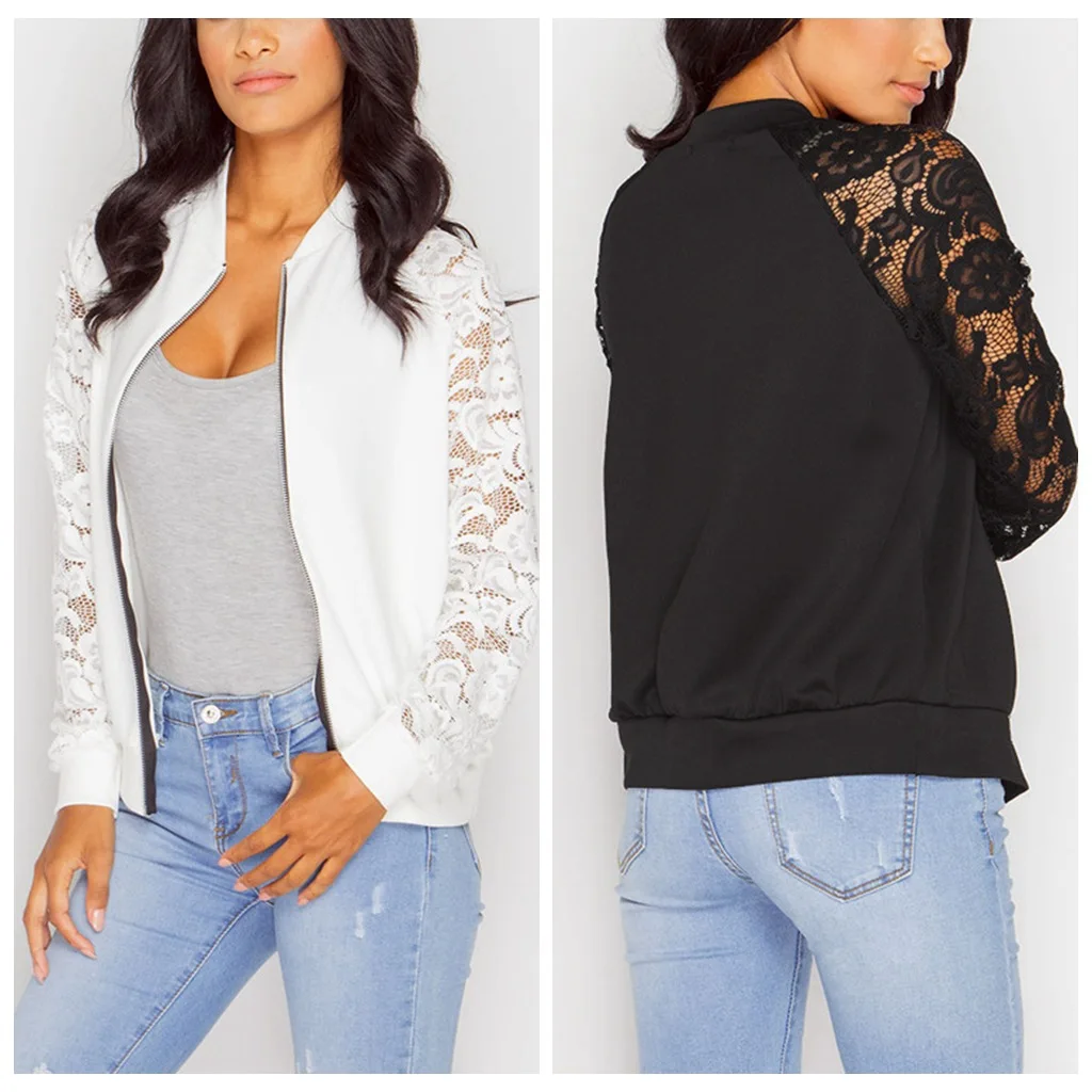 

Yauamdb Women Jacket Spring Autumn S-2xl Female Lace Coat Ladies Zipper Pocket Outwear Slim Casual O- Neck Fashion Clothes Ly27