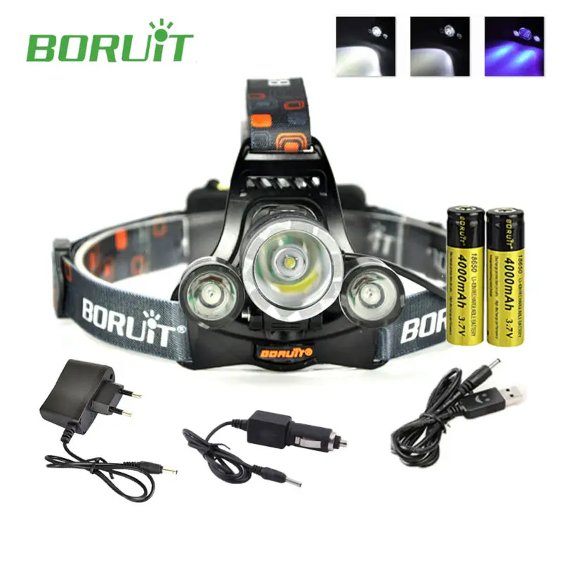 Boruit RJ 3000 УФ светодиодный налобный фонарик фронтальные Фонари 3 режима xm l T6 + 2r5 с
