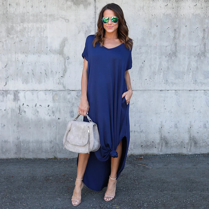 Women Dresses Fashion Summer Boho Beach Split Short Sleeve Casual Dress Elegant Maxi Vestido | Женская одежда