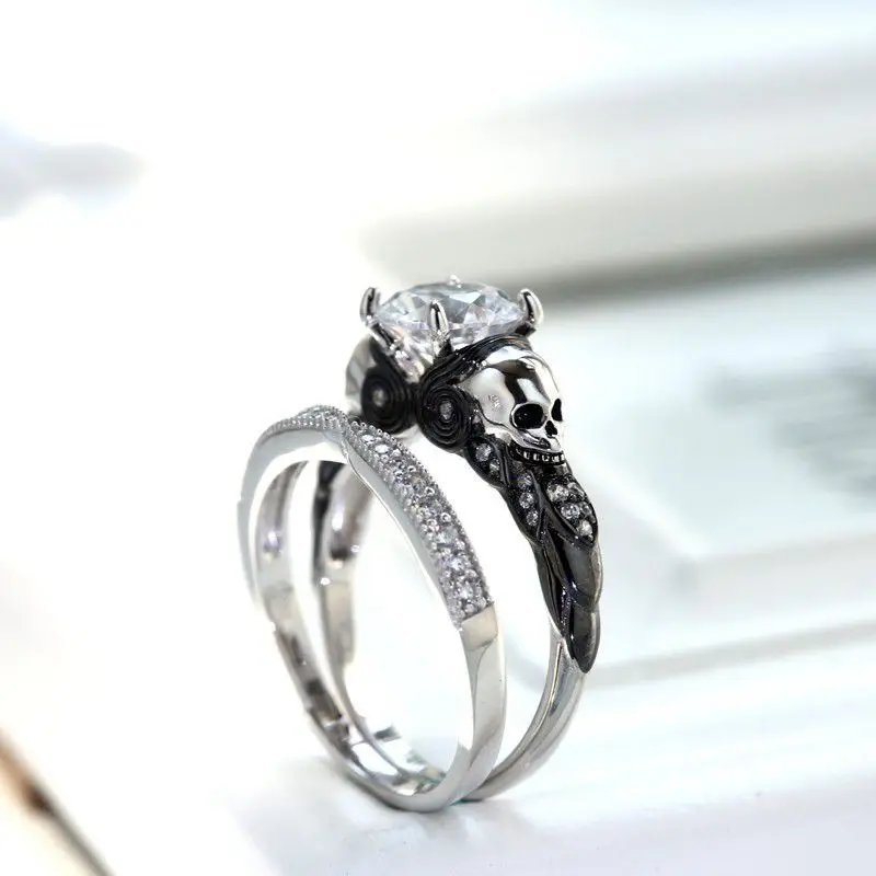

jingyang Silver Classic Double-deck Gothic Skull Style Engagement Colour Crystal Zircon Rings For Women Trendy Jewelry Gift Ring