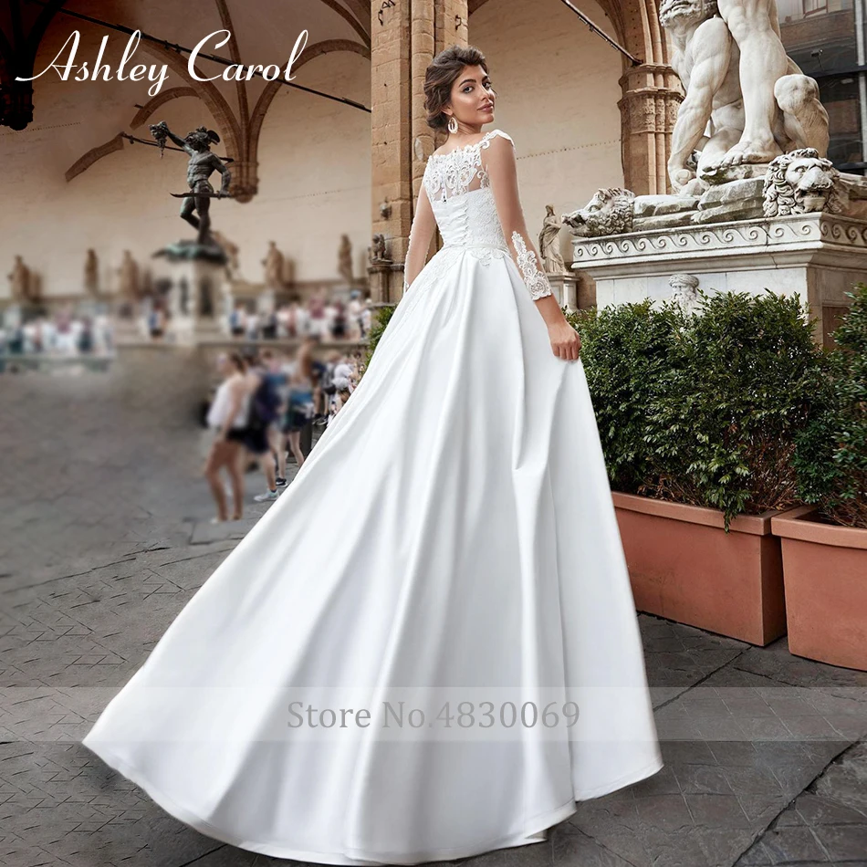 Ashley Carol Elegant Boat Neck Soft Satin Long Sleeve Wedding Dress Lace Up Sweep Train Simple French Vintage Wedding Gowns