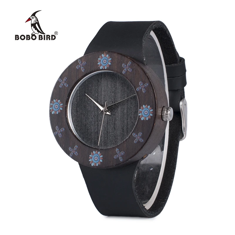 BOBO BIRD WD25 Womens Ebony Vintage Wooden Watch Ladies UV Print Flower Wood Watches Customize Gift Box | Наручные часы