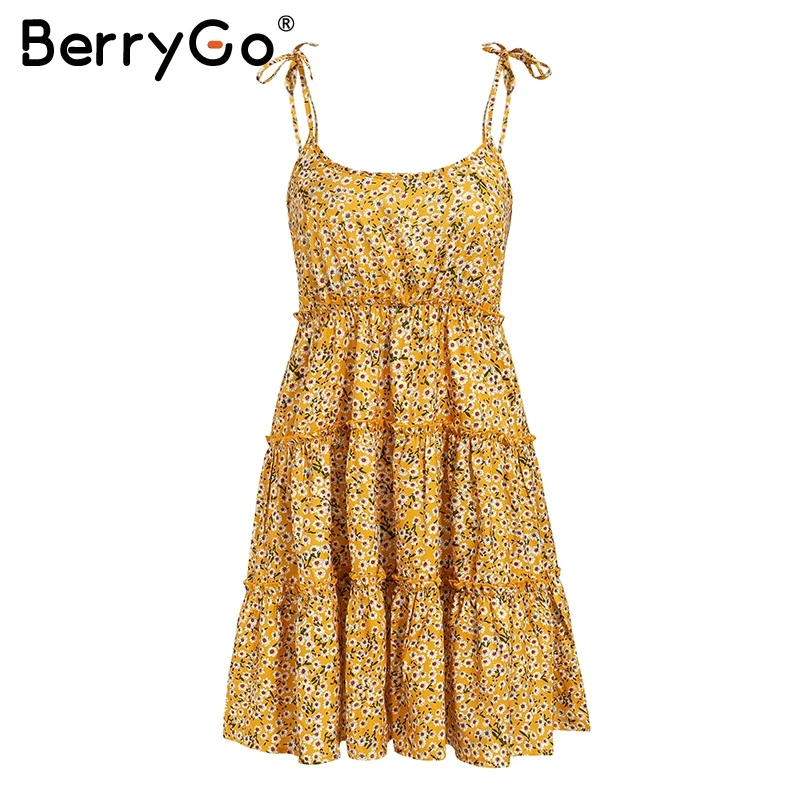 BerryGo Boho Летнее платье с высокой талией для женщин Цветочный Принт спагетти ремень