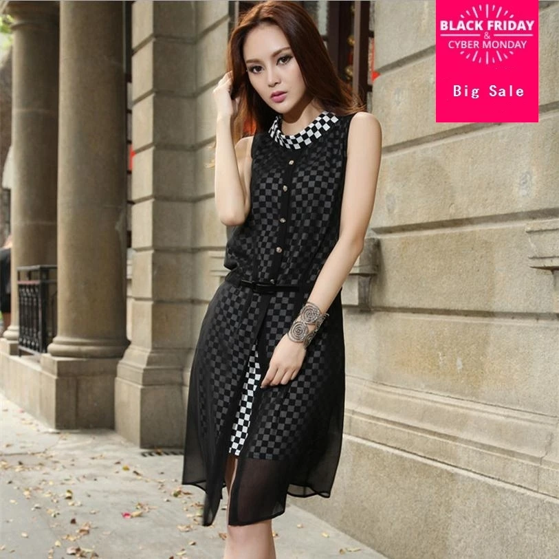 Шифоновое платье в клетку без рукавов J41|two piece dress|chiffon dressdresses female |