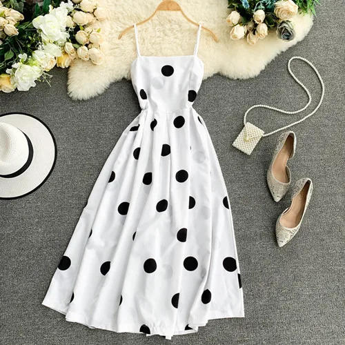 Белый Boho 1950s винтажное Летнее Длинное платье миди в горошек с тонкими бретельками, женское богемное повседневное Ретро пляжное праздничное платье - Цвет: Белый