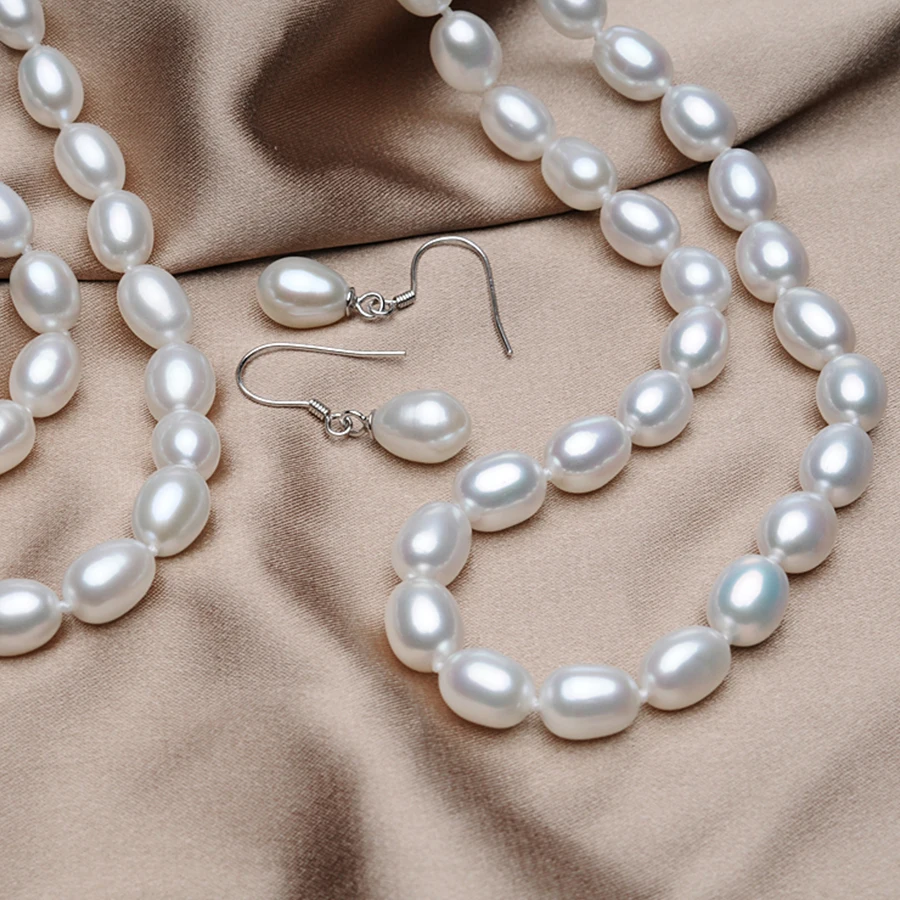 FEIGE браслет Femmes avec 7 8 мм Blanc D'eau Douce Perle Collier Ensemble et 925 En Argent Femelle|femelle| |