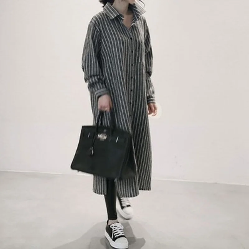 

Women Summer Cotton Striped Long Sleeve Shirt Dress Female Spring Button Long Blouse Autumn Turn Down Collar Preppy Style Robe