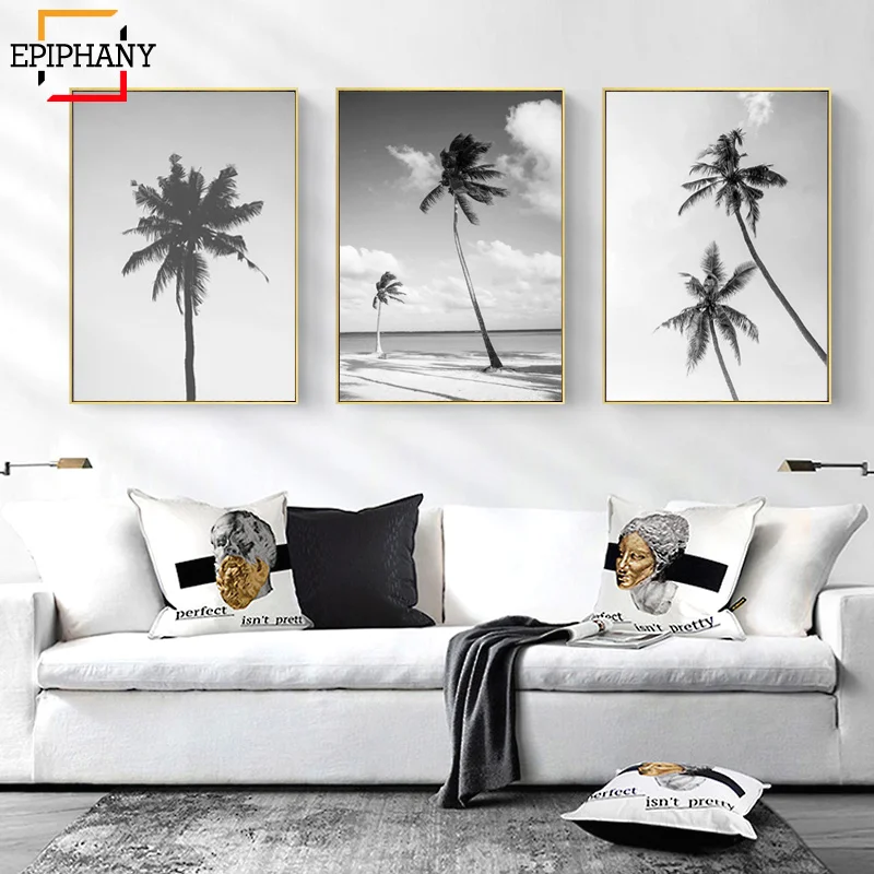 Черно белый холст с принтом пальмы пейзаж постеры и принты скандинавский