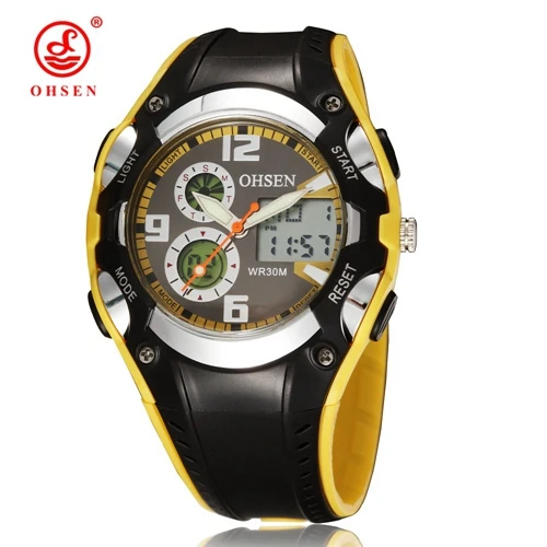Yellow Оригинальные Цифровые кварцевые спортивные часы OHSEN для детей и мальчиков, водонепроницаемые часы длиной 30 м с черным резиновым ремешком, модный светодиодный наручные часы для плавания, подарок - Цвет: Yellow