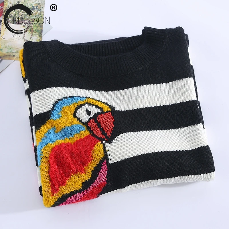 ORDEESON Stripe Parrot Embroidery Long Oversized Sweater Women Sweaters and Pullovers Jumper winter round neck Knitted | Женская одежда