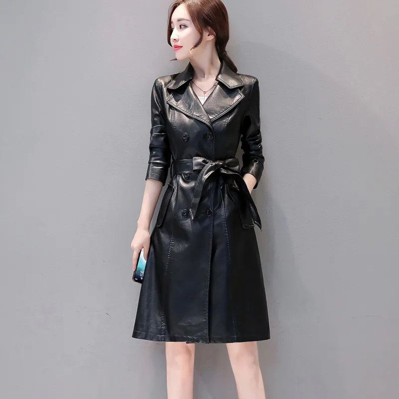 

PU Leather women's locomotive large size jacket slim slim bf wind 2018 new long windbreaker Harajuku leather jacket