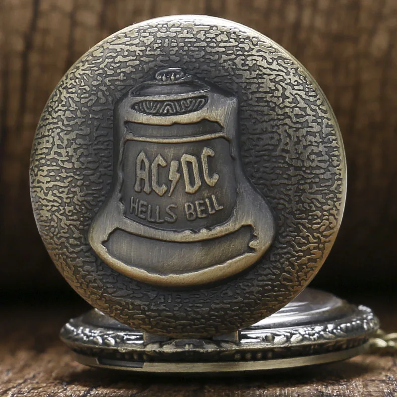 Bronze Hells Bell ACDC узор кварцевые карманные часы унисекс чехол из нержавеющей стали арабские цифры белый циферблат ожерелье цепочка подарки
