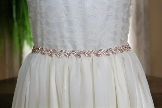 

MissRDress Simple Thin Wedding Belt Rose Gold Rhinestones Leaf Bridal Belt Jeweled Bridal Sash For Wedding Decoration JK946